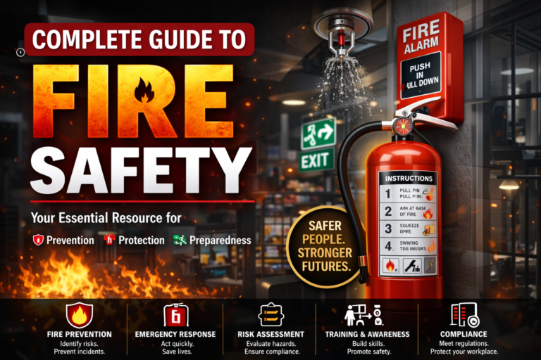 Complete Guide to Fire Safety: Types & Career Opportunities 3 Professional infographic of 'Complete Guide to Fire Safety' featuring fire safety equipment including fire extinguisher, fire alarm, sprinkler system, fire doors, and emergency exit signs, with icons for prevention, protection, preparedness, risk assessment, training, and compliance.