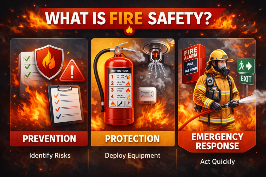 Infographic showing What is Fire Safety, showing key elements including fire extinguisher, alarm, sprinkler, fire doors, and emergency exits, labeled as prevention, protection, and emergency response.