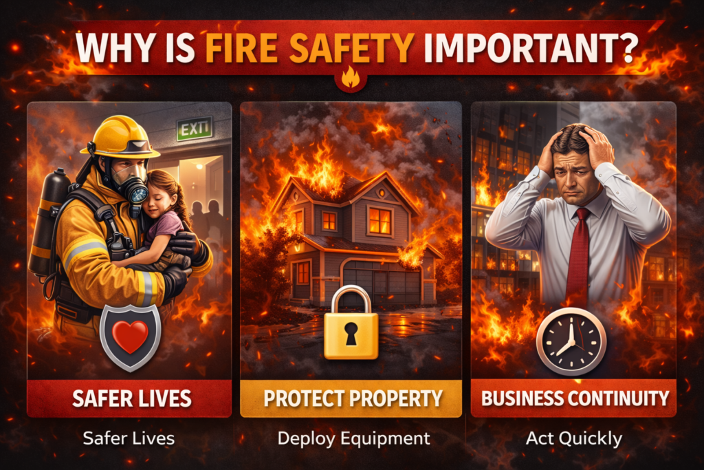 Infographic showing why fire safety is important: protecting lives, safeguarding property, and ensuring business continuity with equipment and training.