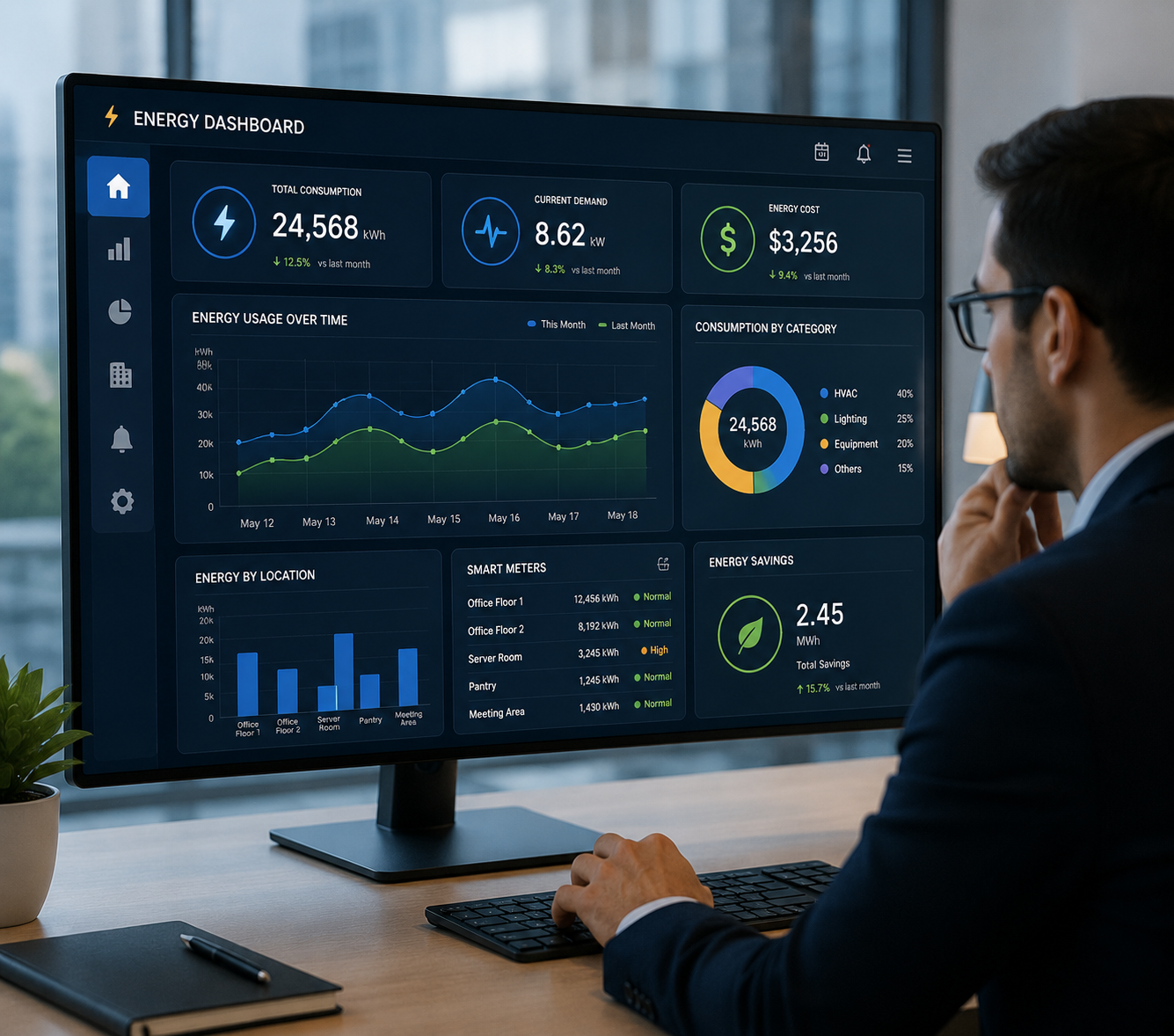 Lesson 1: Understanding the Fundamental Concepts, Principles, and Objectives of Energy Management Across Multiple Sectors 3 Energy analytics at the office desk