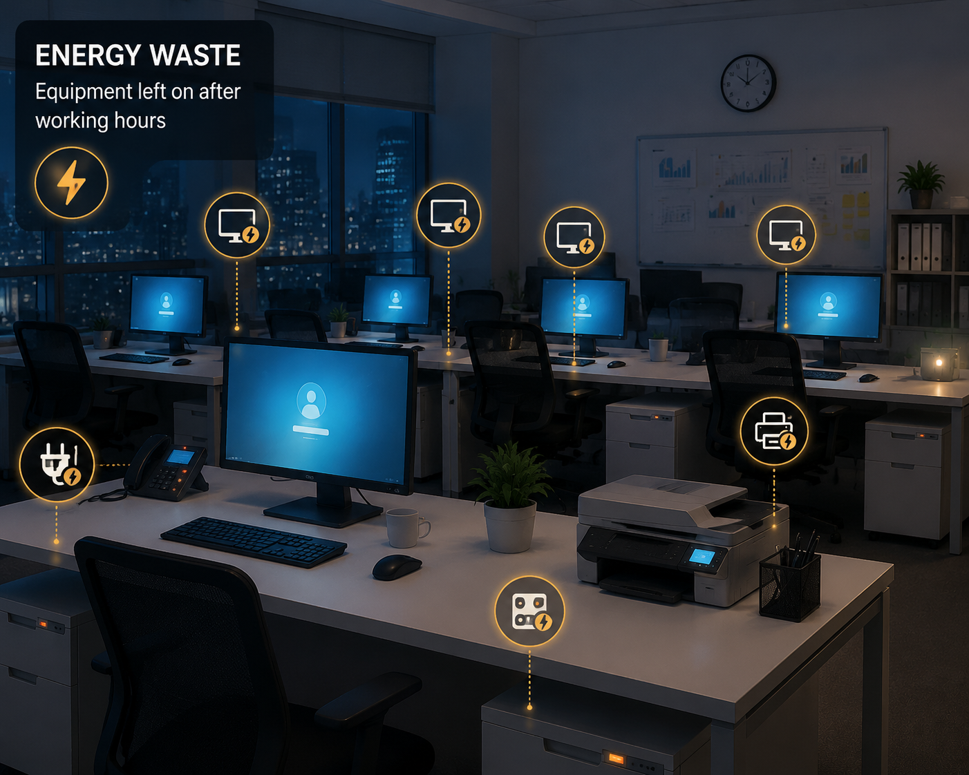 Lesson 1: Understanding the Fundamental Concepts, Principles, and Objectives of Energy Management Across Multiple Sectors 8 Energy waste in the office at night